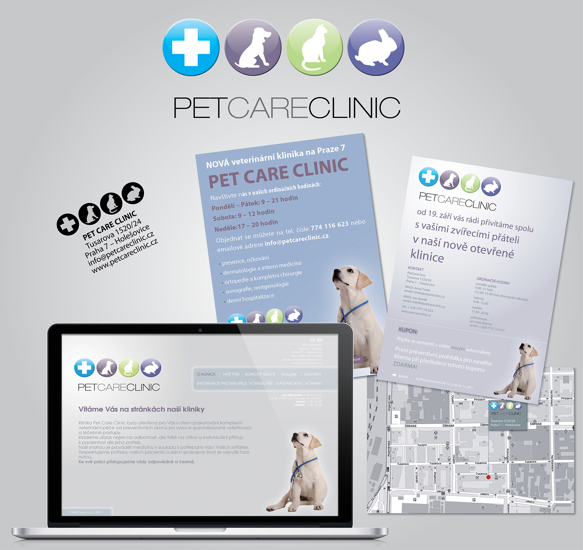 Návrh loga<br />
a vizuálního stylu<br />
veterinární kliniky.<br />
Včetně následné DTP<br />
a tiskové realizace.